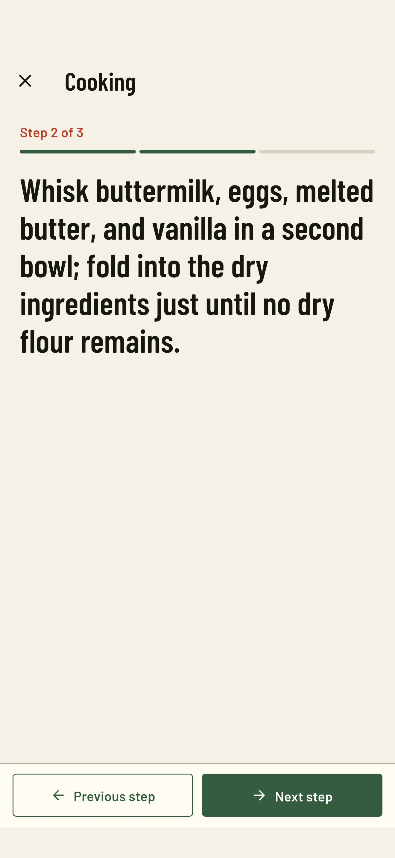 RecipeTailor Cooking Mode showing a focused step with an active timer