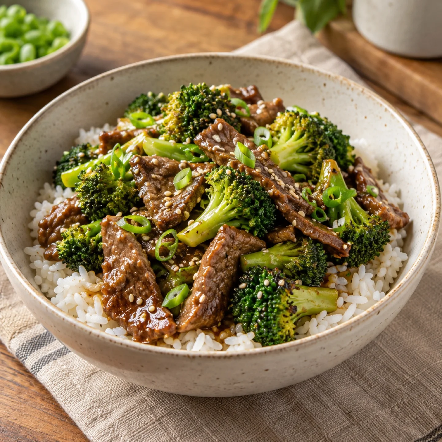 A bowl of beef and broccoli over rice