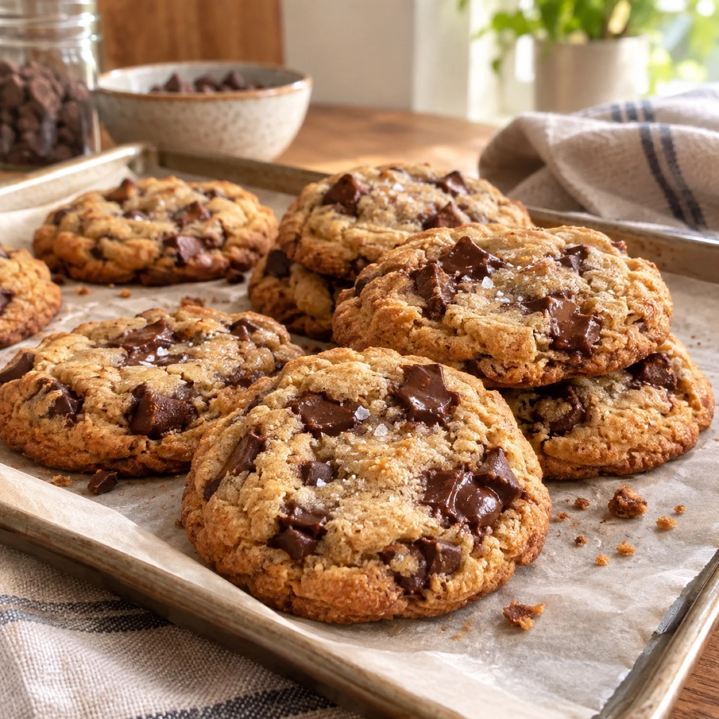 A tray of chocolate-chip cookies