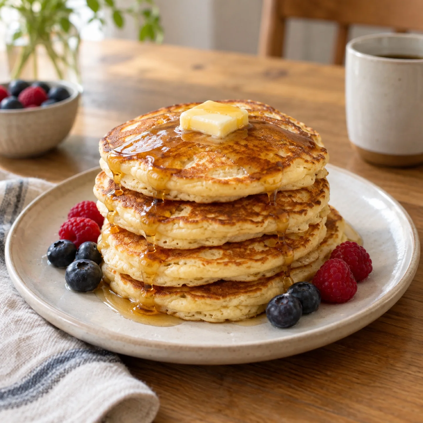 A stack of buttermilk pancakes with berries