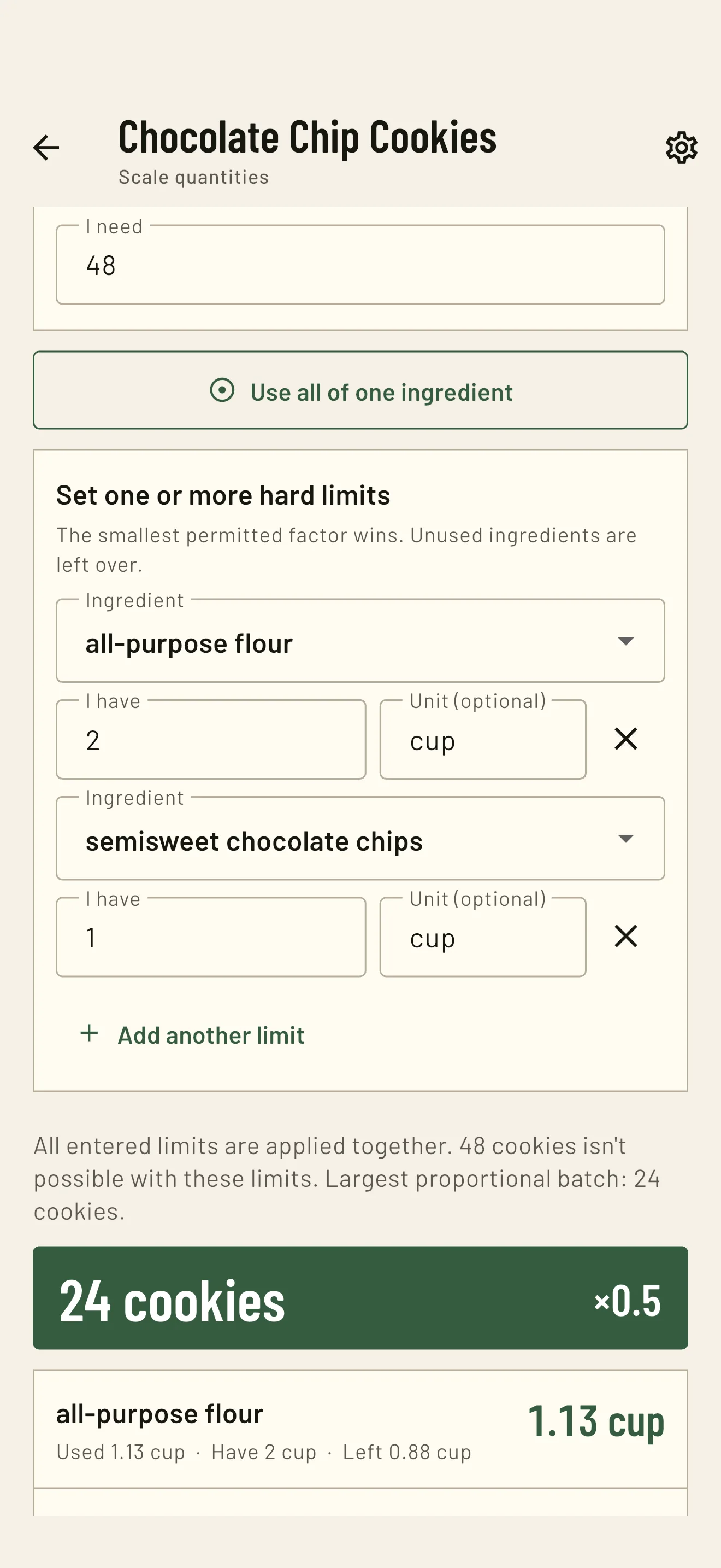 RecipeTailor setting flour and chocolate-chip limits to find the largest proportional cookie batch