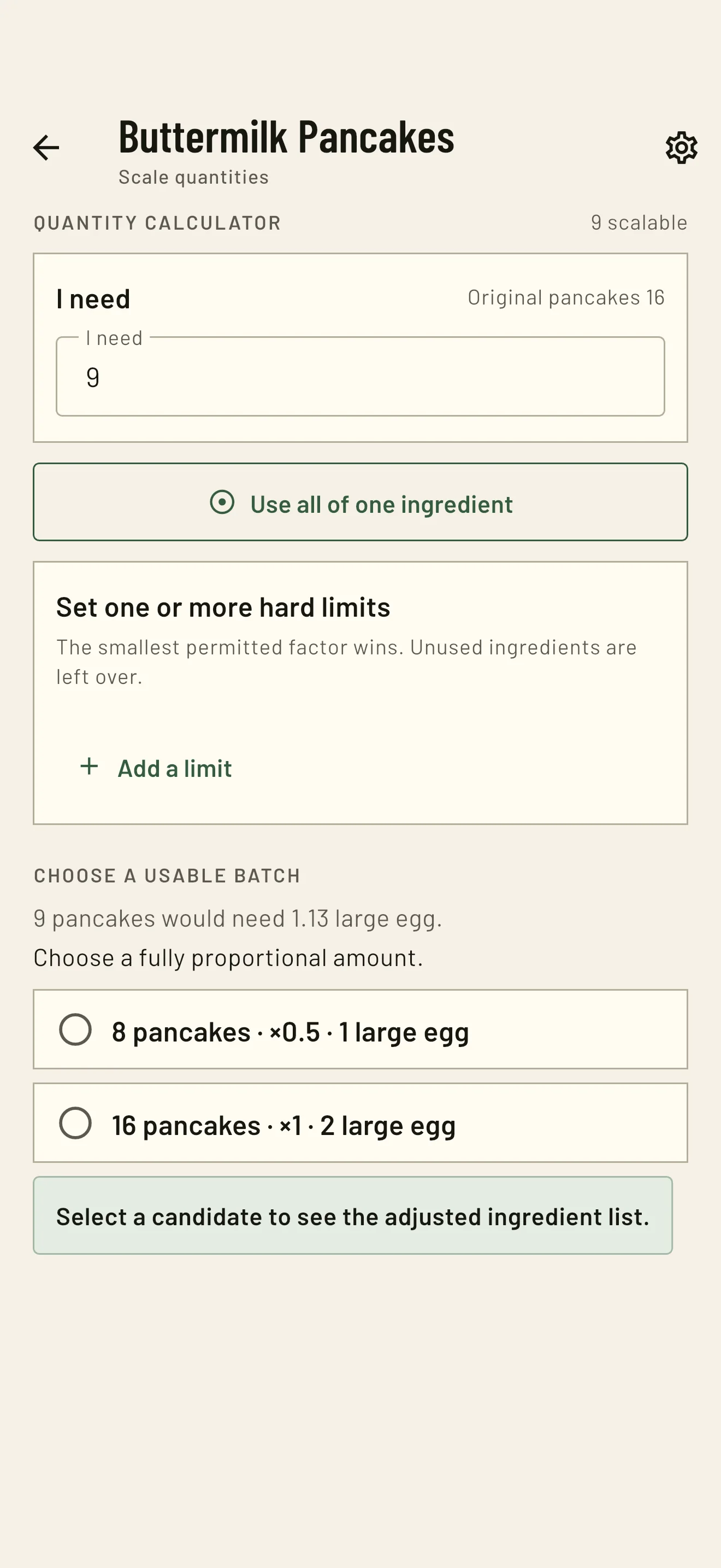 RecipeTailor scaling buttermilk pancakes to a new yield and showing whole-egg batch options